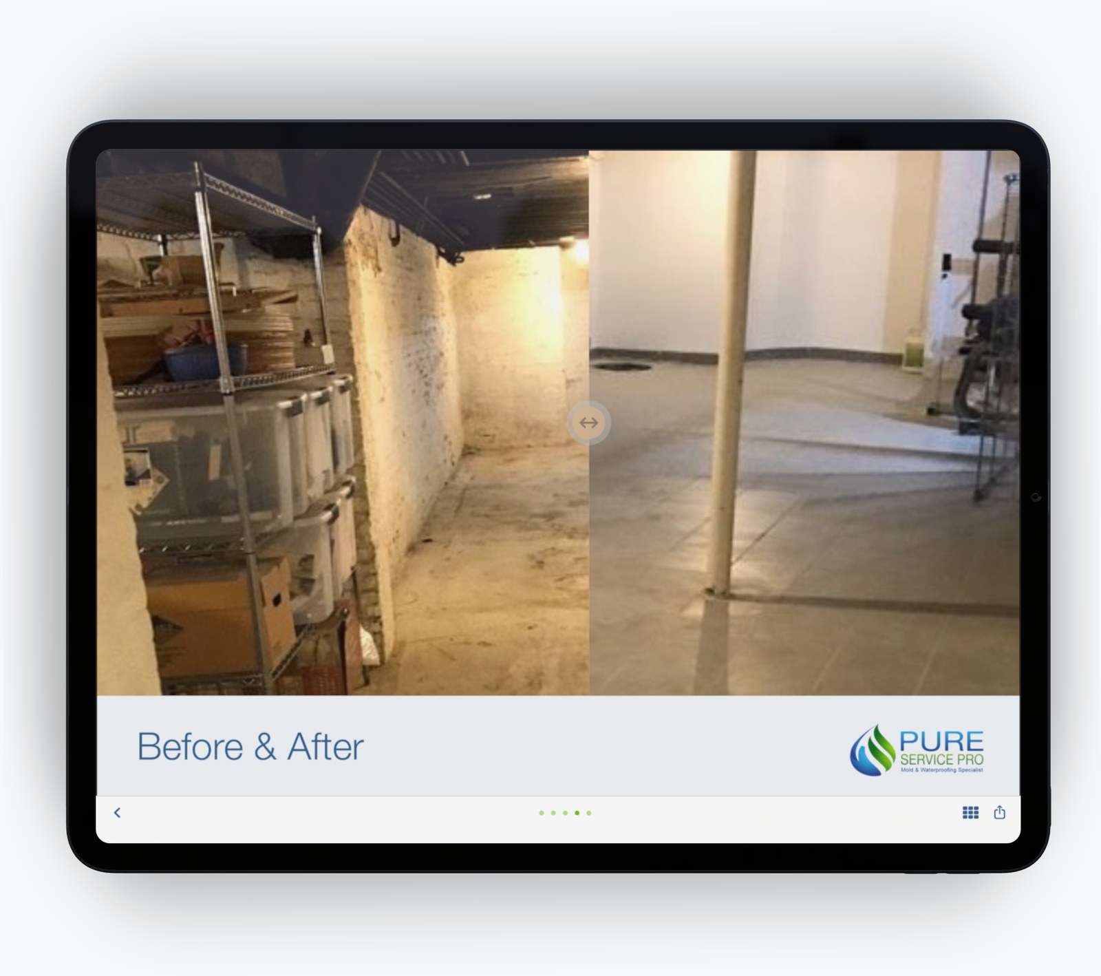 The Pure Service Pro presentation open on a tablet, on its before-and-after basement page