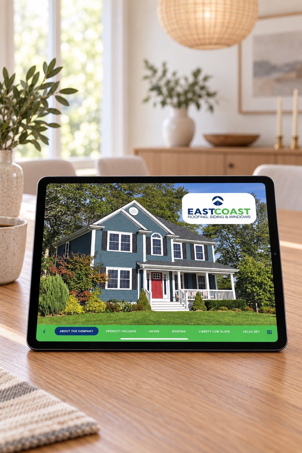 iPad on a dining table showing an East Coast Roofing, Siding and Windows presentation