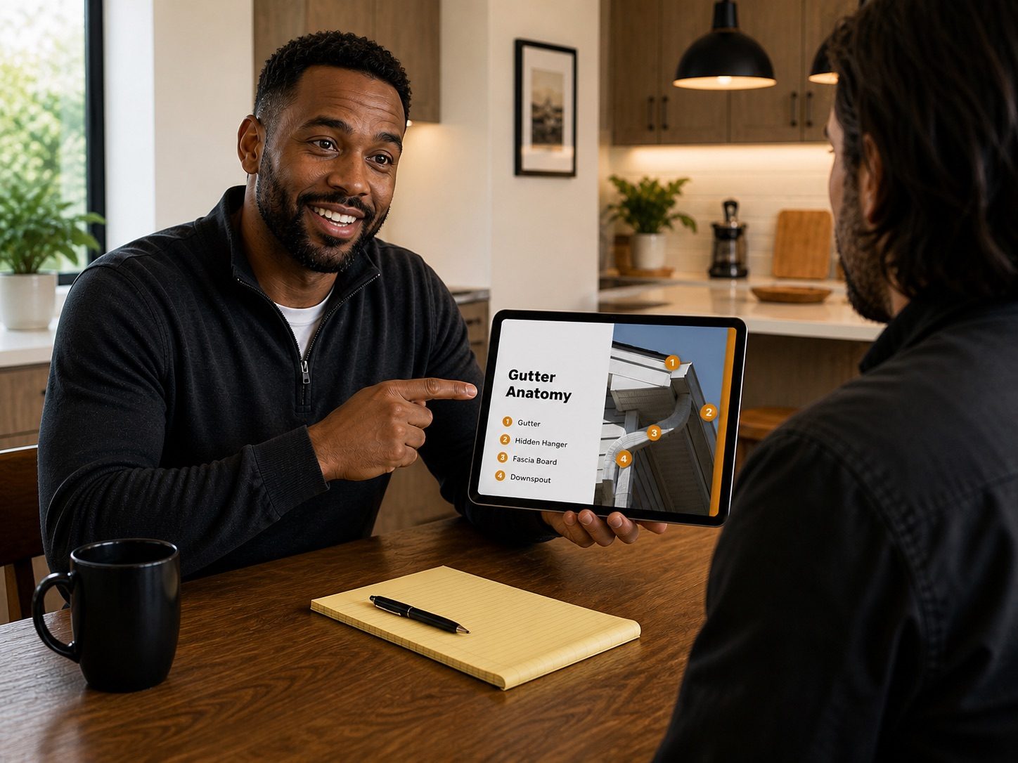 Hoyt Renovators rep presenting a project gallery to a homeowner on an iPad