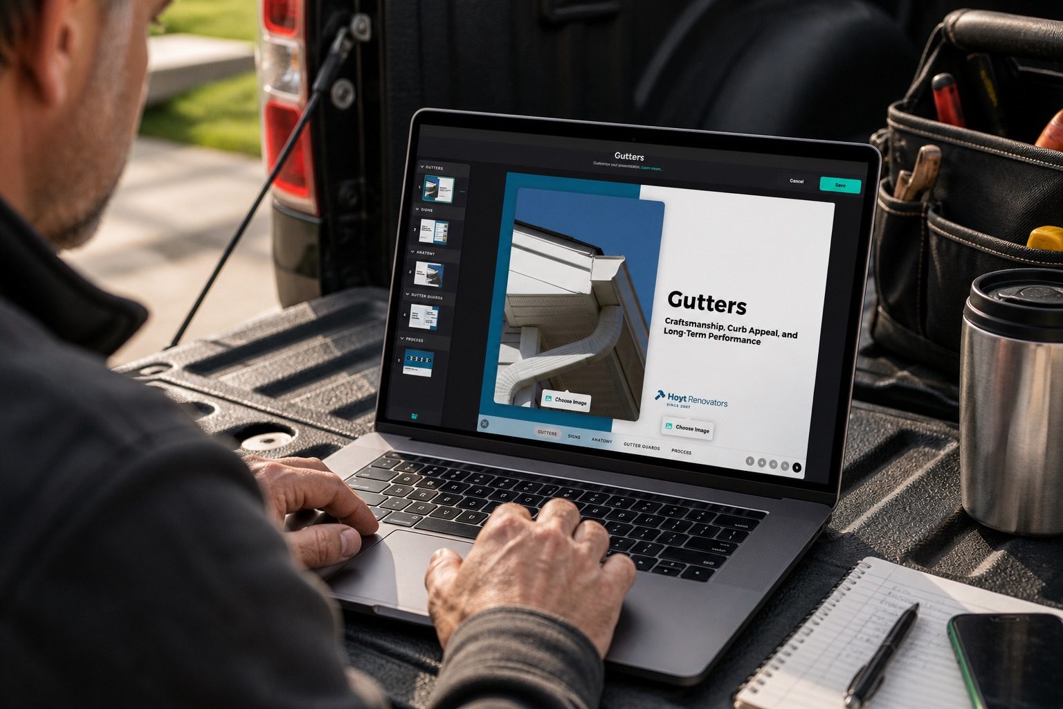 Contractor preparing a presentation on a truck tailgate