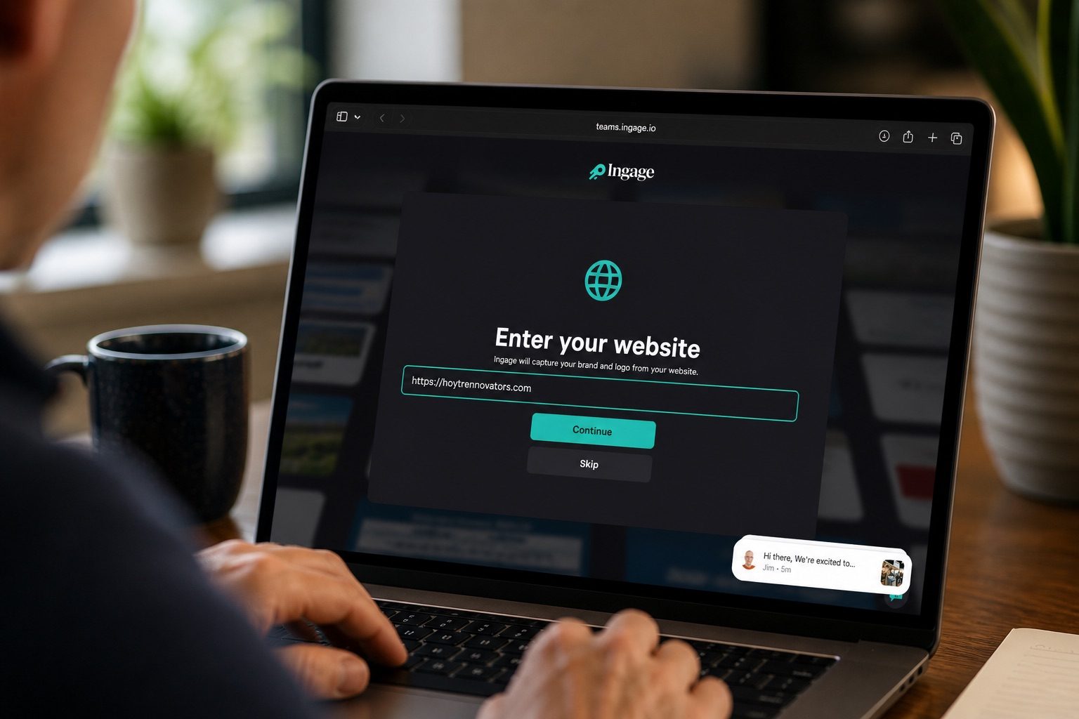 Ingage setup screen capturing a company website, brand and logo