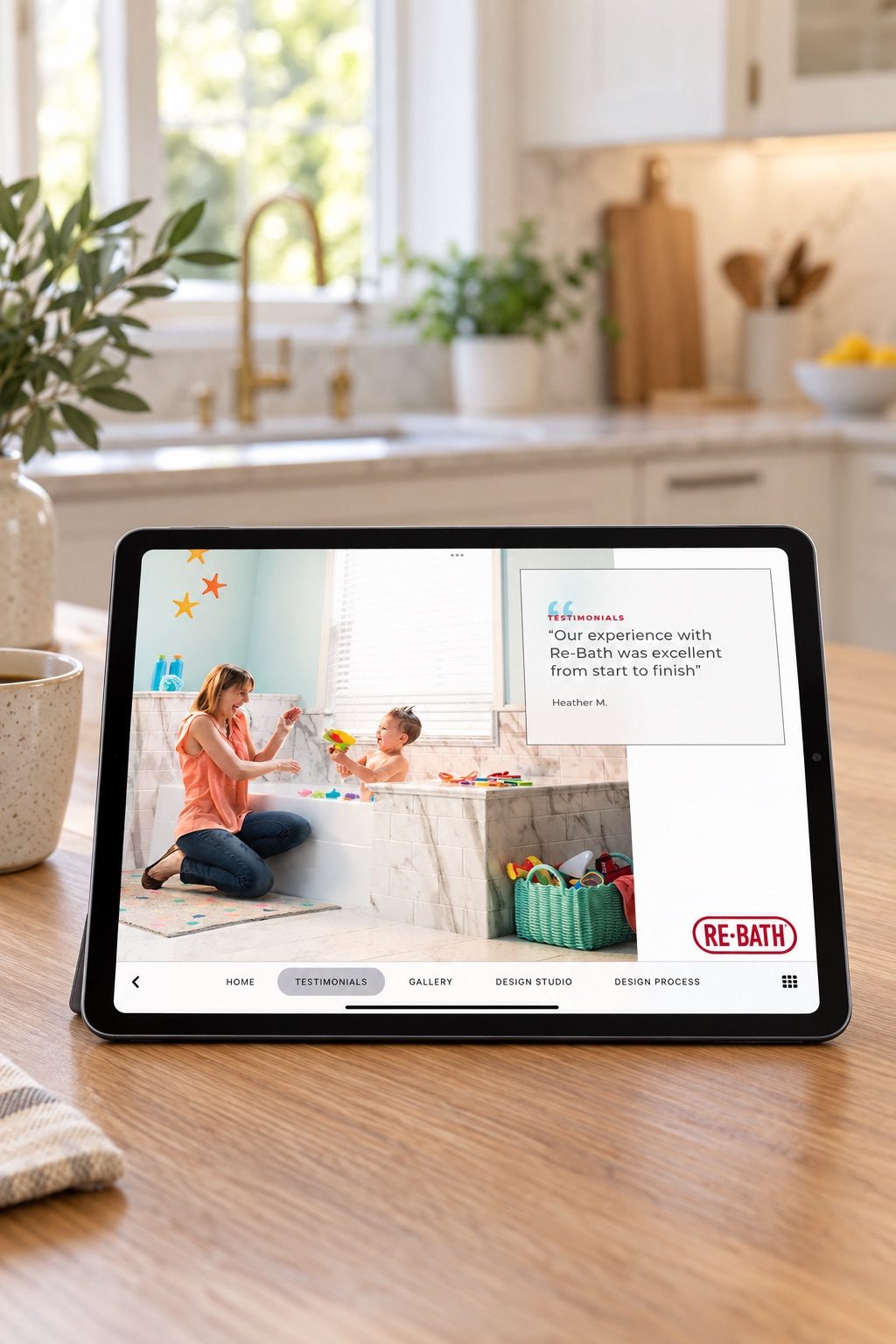 iPad on a kitchen counter showing a Re-Bath testimonials page