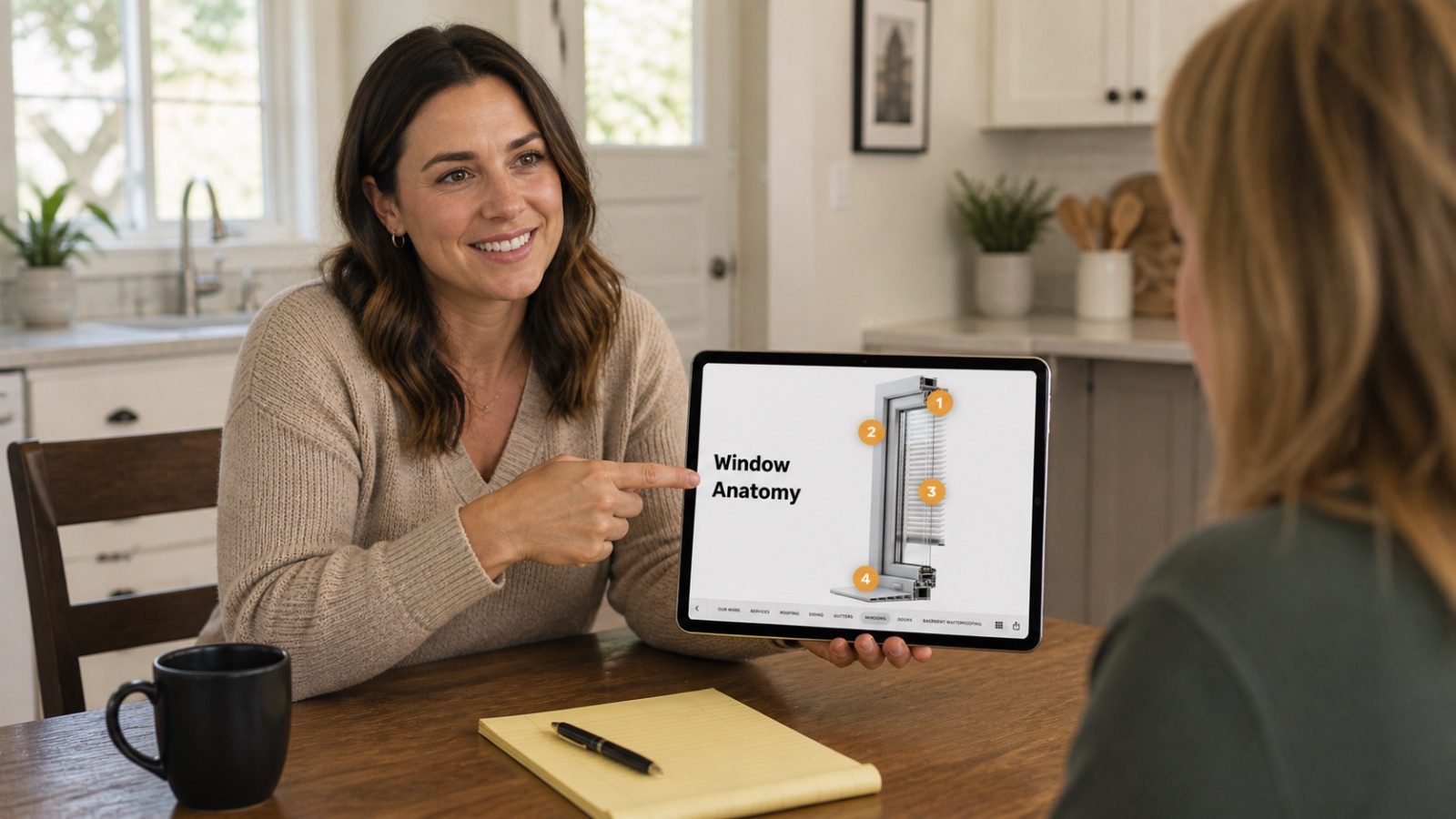 Rep walking a homeowner through a window anatomy page on an iPad at the kitchen table