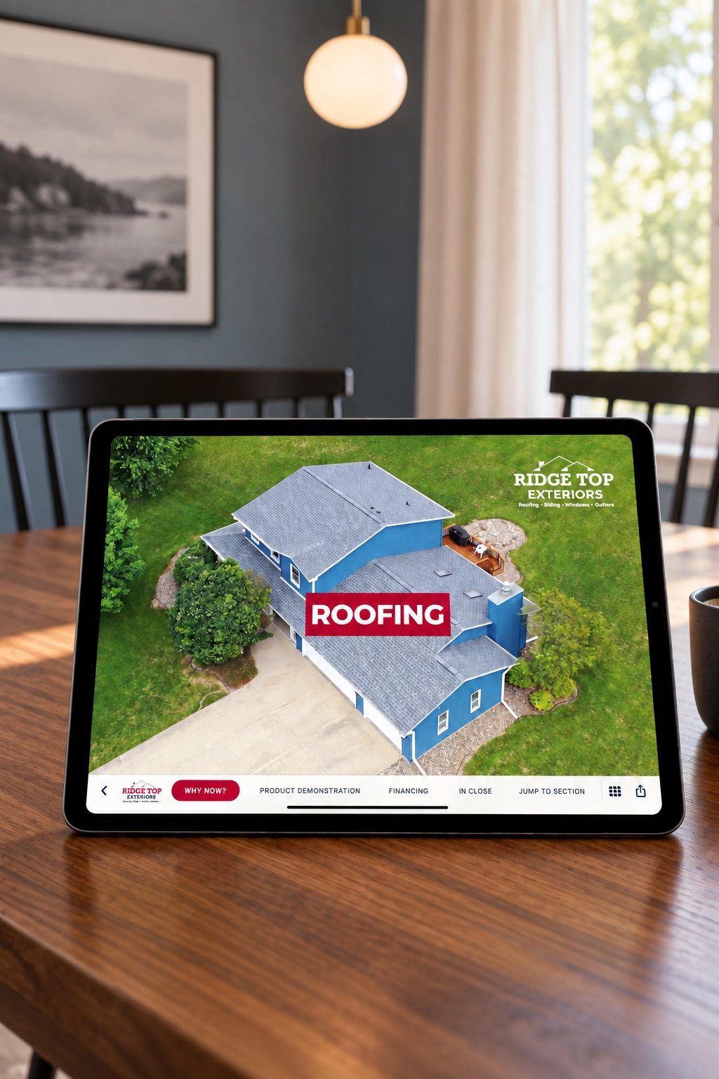 iPad on a dining table showing a Ridge Top Exteriors roofing presentation