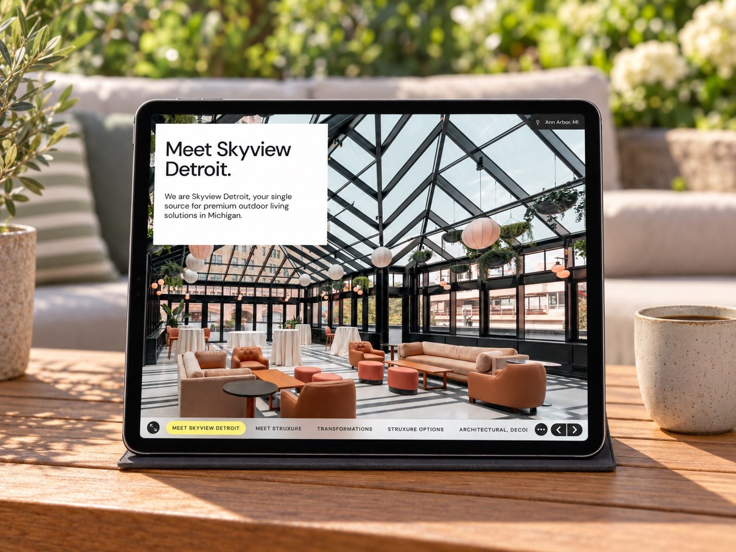 iPad showing the Meet Skyview Detroit presentation page